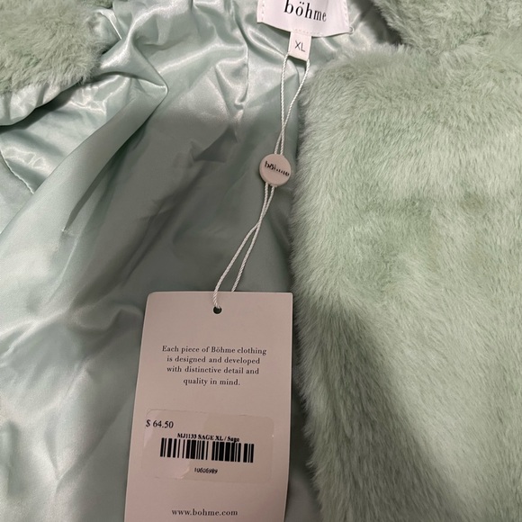 NWT Fuzzy green faux fur jacket blazer shawl collar cropped Bohme party lined XL - Picture 5 of 6